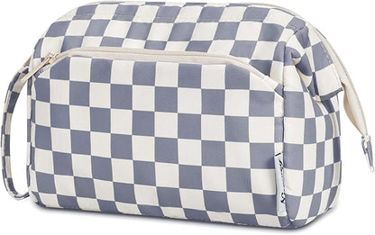 Narwey Checkered Makeup Bag Women Wide-open Make up Bag Travel Cosmetic Bag Organizer Toiletry Bag for Cosmetics Toiletries Accessories (Greyish Blue Checkerboard)