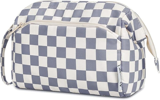 Narwey Checkered Makeup Bag Women Wide-open Make up Bag Travel Cosmetic Bag Organizer Toiletry Bag for Cosmetics Toiletries Accessories (Greyish Blue Checkerboard)