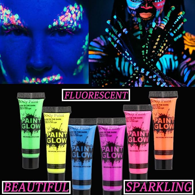 6 Pcs Glow in the Dark Body and Face Paint,Blacklight Neon Body Paints,Washable Quicker Dry Fluorescent Face & Body Makeup for Party Supplies