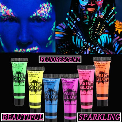 6 Pcs Glow in the Dark Body and Face Paint,Blacklight Neon Body Paints,Washable Quicker Dry Fluorescent Face & Body Makeup for Party Supplies