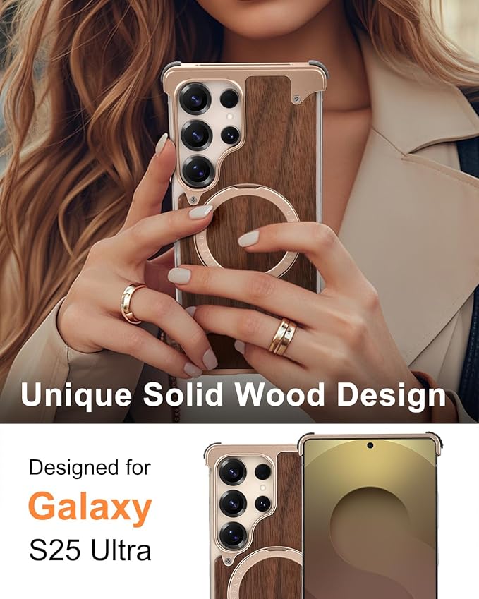 OATSBASF Magnetic Wood Case Compatible with Samsung Galaxy S25 Ultra, [Natural Wood & Aluminum] Shockproof Protective Cover Unique Wooden Case with 360° Ring Stand, Desert Titanium