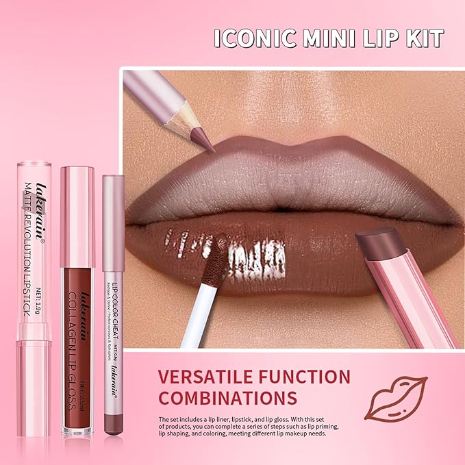 3PCS Lip Liner and Lipstick Combo Set - Matte Lip Liner Pencil, Velvet Matte Lipstick & Hydrating Collagen Lip Gloss - Long-Lasting, Smudge-Proof, High Pigment Nude Brown Lip Makeup Kit (Set 1, 3)