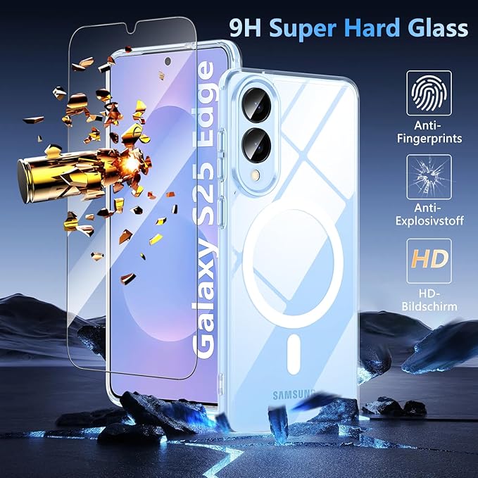 OWKEY for Samsung Galaxy S25 Edge Case 6.65'',Magnetic S25 Edge Case for Magsafe with Tempered Glass Screen, [Shockproof Military] Transparent Back Slim Bumper Cover Phone Case Galaxy s25 Edge,Clear