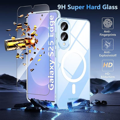 OWKEY for Samsung Galaxy S25 Edge Case 6.65'',Magnetic S25 Edge Case for Magsafe with Tempered Glass Screen, [Shockproof Military] Transparent Back Slim Bumper Cover Phone Case Galaxy s25 Edge,Clear