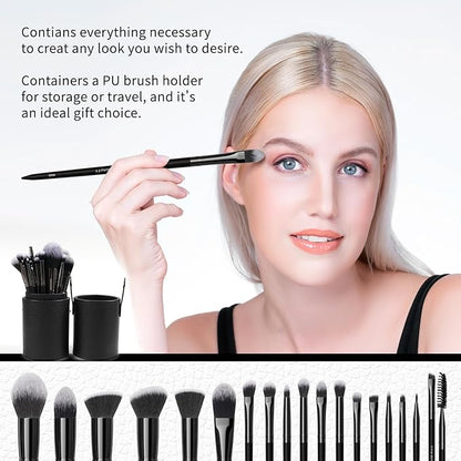 18pcs Makeup Brush Set with Case Dense Synthetic Fiber Premium Metal Ferrule Wood Handle Brushes Includes Powder Foundation Blush Eyeshadow Kit Professional Make up Tools for Women(Black)