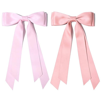 2PCS Silky Satin Hair Bows Hair Clip Pink Hair Ribbon Ponytail Holder Accessories Slides Metal Clips Hair Bow for Women Girls Toddlers Teens Kids