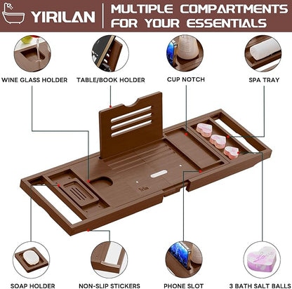 Yirilan Bathtub Caddy Tray, Foldable Bathroom Tray with Extending Side, and Waterproof Fabric Bookshelf, Luxury Bath Tray -Brown