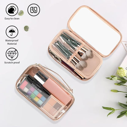 OCHEAL Clear Makeup Bag, Portable Makeup Storage Organizer Cosmetic Bag, Travel Makeup Bag Cute Clear Pouch For Women and Girls Cosmetics Bags with Divider Makeup Brush Compartment-Rose Gold
