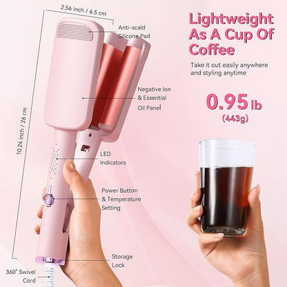 CHIKYO 3 Barrel Rovy Wave Curling Iron, 1.25 Inch Hair Crimper Waver, Beach Waves Curling Wand, Deep Waver Hair Curler Hot Tool with Ceramic Hair Curler for Women, Dual Voltage, Easy to Use，1.4m Cord