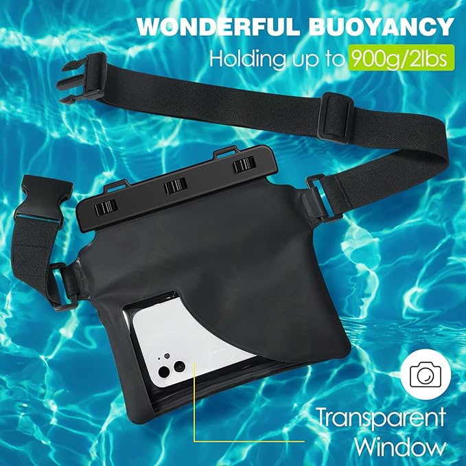 MoKo Waterproof Phone Pouch Fanny Pack, Floating Dry Bag for Swimming Kayaking Snorkeling, Compatible with iPhone 14 13 12 11 Pro Max X/Xr/Xs Max, Galaxy S21 Ultra/S9/Note 10 Plus, Black