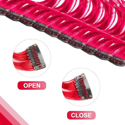 10 PCS Red Hair Extensions, Curly Wavy Synthetic Hairpieces Clip in Rainbow Neon Party Highlights, Colorful Hair Accessories for Girls Women 17 inch (Red)