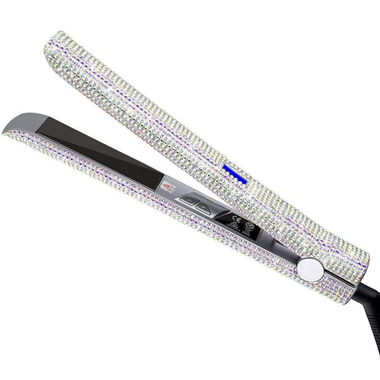 DORISILK Titanium Flat Iron for Hair, 480°F High Temp Hair Straightener Iron, Rhinestone Bling Flattening Iron, 2 in 1 Straightening Curling Professional Salon LCD Display Dual Voltage (AB Shine)