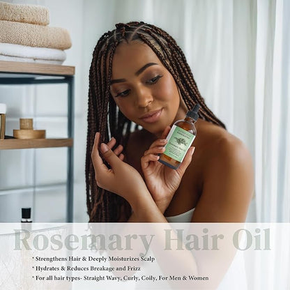 100% Natural Rosemary Hair & Scalp Oil – Strengthens, Nourishes & Moisturizes – Reduces Breakage & Frizz – Handcrafted with Castor, Jojoba & Vitamin E – All Hair Types (4oz)