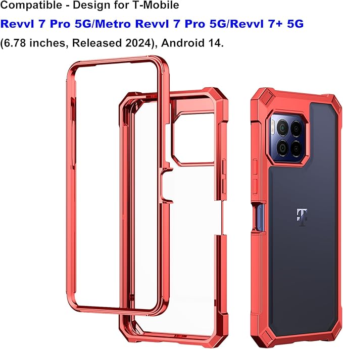 Ailiber for TMobile REVVL 7 Pro 5G Phone Case, Clear Case with Screen Protector, Dual Layer Shockproof Bumper, Transparent [Anti Yellowing], Slim Cell Phone Cover for Metro REVVL 7 Pro 5G-Red