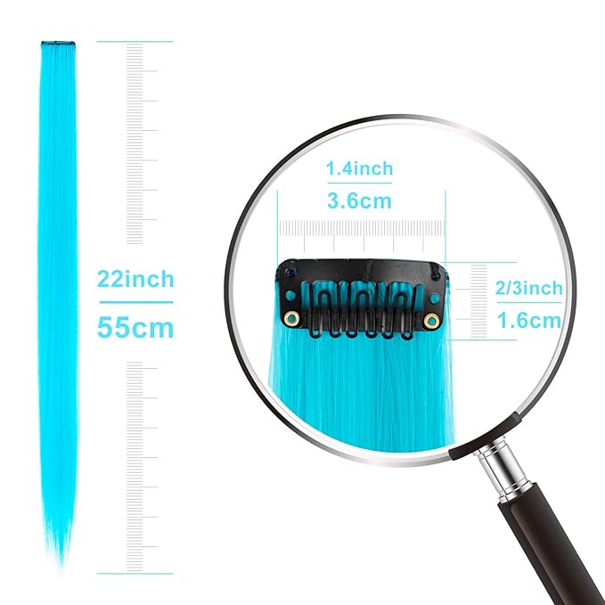 22 Inch Colored Hair Extensions 10 PCS, Colorful Party Highlights Clip in Synthetic Hair Extensions, Sky Blue/Light Pink Hairpieces for Girls Women Kids Doll Party Cosplay Gifts