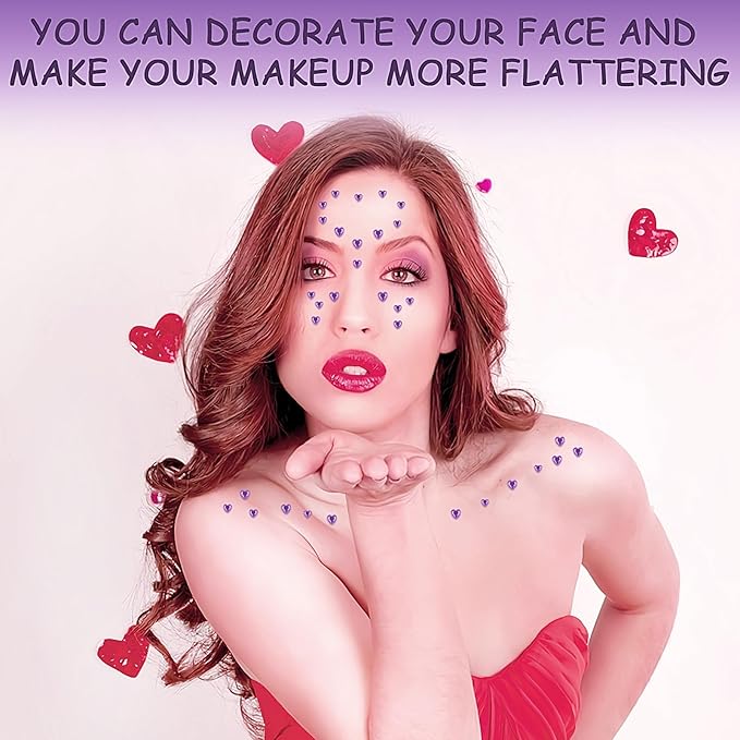 264Pcs Heart Face Gems Love Gems, Self-Adhesive Face Jewels Rhinestones 5/7/10 mm DIY Face Gems Stick on, Valentine Makeup Gems Rave Accessories for Face Eyes Hair Makeup Body, Crafts (Purple)