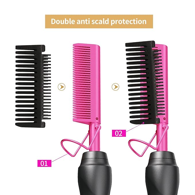 Hot Comb Hair Straightener Heat Pressing Combs - Ceramic Electric Straightening Comb for Natural Black Beard Wigs Holiday Gift- Pink