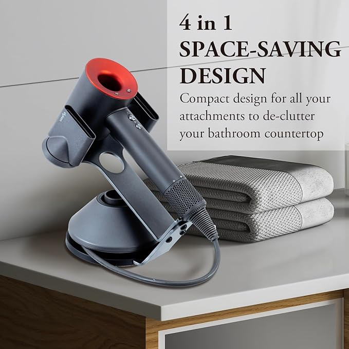 MyGift Blow Dryer Stand Holder for Dyson Supersonic Hair Dryer, Premium Sleek Gunmetal Gray Metal All-in-One Professional Salon Appliance Rack Dock with Magnetic Styling Attachment Slots