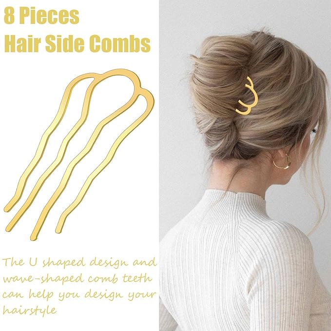 6 Piece Metal Hair Side Combs Hair Fork Clip Pins for Updo Bun, U Shape for Vintage Hairstyle Hair Accessories (Gold-4 Teeth)