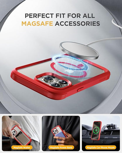 Miracase Magnetic for iPhone 15 Pro Max Case 6.7'' [Compatible with Magsafe] Full-Body Military Drop Proof for iPhone 15 ProMax Case with Built-in 9H Tempered Glass Screen Protector,Red