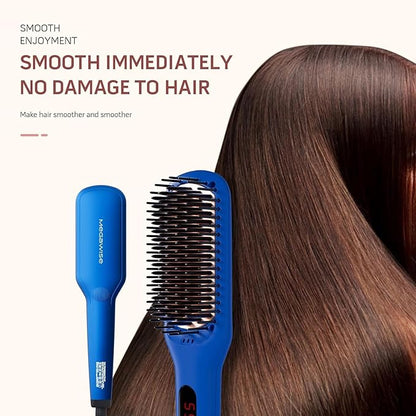 MEGAWISE Pro Ceramic Ionic Hair Straightener Brush for Home Salon, Straightening Hair Brush with 20s Heating Tech, Auto-Off, Anti-Scald with Universal Dual Voltage,Rotatable Power Cord, Gentian Blue