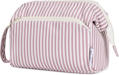Narwey Striped Makeup Bag Women Wide-open Make up Bag Travel Cosmetic Bag Organizer Toiletry Bag for Cosmetics Toiletries Accessories (Dusty Rose Stripe)