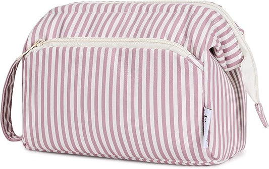 Narwey Striped Makeup Bag Women Wide-open Make up Bag Travel Cosmetic Bag Organizer Toiletry Bag for Cosmetics Toiletries Accessories (Dusty Rose Stripe)