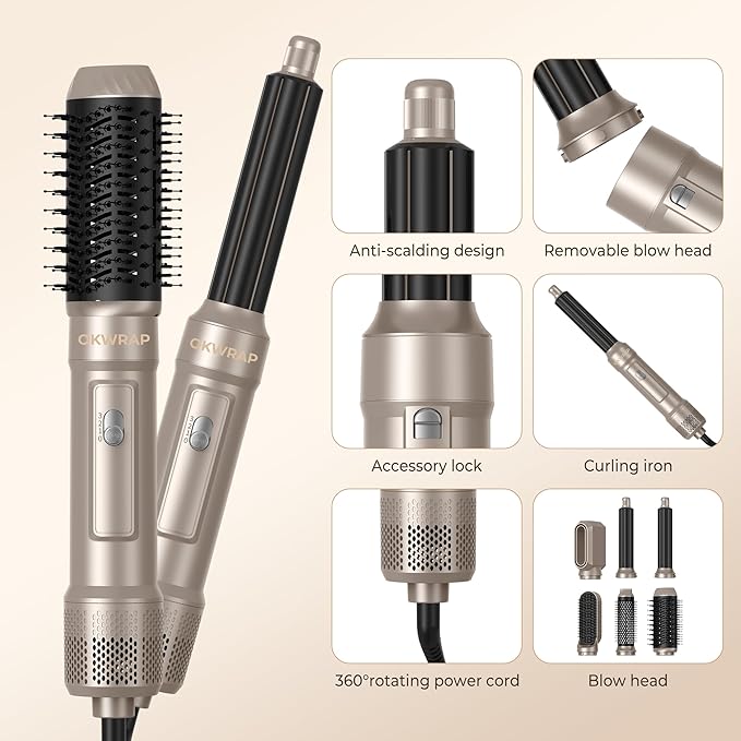 Blow Dryer Brush, 6 in 1 Auto Air Curling Iron Set 3 Temperature 1000W Powerful Negative Ionic Hair Dryer Brush Set with Thermal Brush, 60000RPM Hot Air Brush, Left&Right Curler Wand (Champagne Gold)