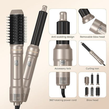 Blow Dryer Brush, 6 in 1 Auto Air Curling Iron Set 3 Temperature 1000W Powerful Negative Ionic Hair Dryer Brush Set with Thermal Brush, 60000RPM Hot Air Brush, Left&Right Curler Wand (Champagne Gold)