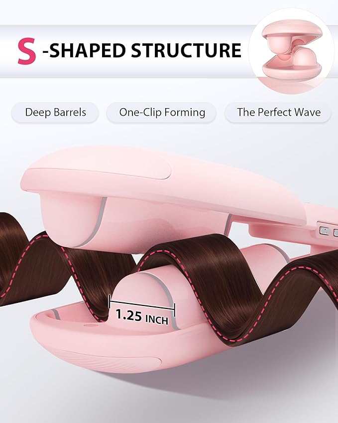 NOVUS Waver Curling Iron, Beach Waves Curling Wand, Ionic Hair Waver with Anti-Scald Hair Crimper, Easy to Use, 2 Barrel Hair Crimper for Short Hair Women, Pink, 1.25 Inch