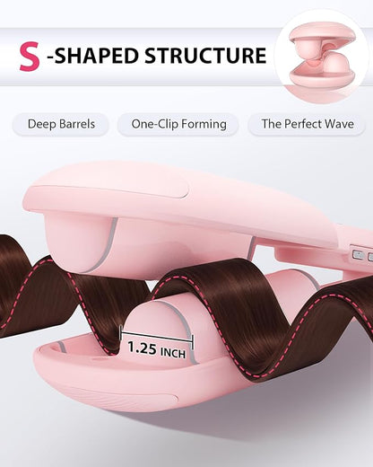 NOVUS Waver Curling Iron, Beach Waves Curling Wand, Ionic Hair Waver with Anti-Scald Hair Crimper, Easy to Use, 2 Barrel Hair Crimper for Short Hair Women, Pink, 1.25 Inch