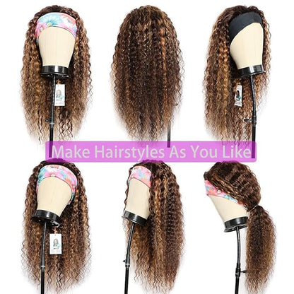 Ombre Wig Honey Blonde Wig 4/27 Highglight Wig Headband Wig Human Hair Deep Wave Headband Wig Curly Wig Colored Wigs 20 Inches