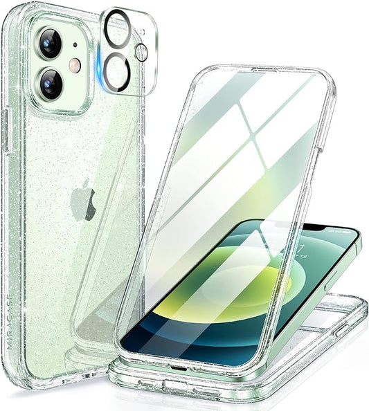 Miracase Glass Series for iPhone 12/12 Pro - Full-Body Rugged Protective Case with Built-in 9H Tempered Glass Screen Protector and Camera Lens Protector - Glitter Clear