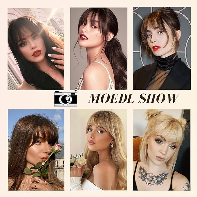 100% Real Human Hair Extensions Wispy Clip in Burgundy Fake Bangs Hair Clip on for women Fringe with Temples Hairpieces Faux Bangs for Daily Wear