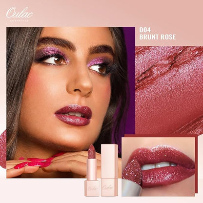 Oulac Shimmer Lipstick for Women, Infinity High Shine Finish, Hydrating Lip Color Infused with Damask Rose Oil for All-Day Comfort, Gluten-Free Vegan Beauty, D04 Brunt Rose