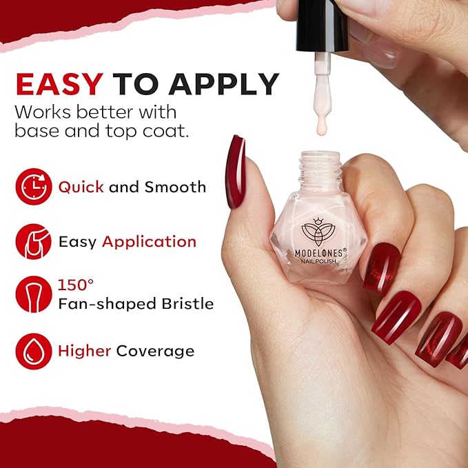 modelones Nail Polish Set, 6 Colors 2025 Summer Classic Apple Red Cat Eye Glitter Mini Quick Dry Nail Lacquer Kit, Ruby Cherry Red Magnetic Sparkle DIY Nail Art Manicure Gift for Women Girls