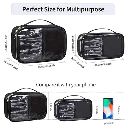 OCHEAL Clear Makeup Bag, Portable Cosmetic Bag Storage Organizer, Travel Makeup Bag Cute Clear Pouch For Women and Girls Cosmetics Bags with Divider Makeup Brush Compartment-Large Black