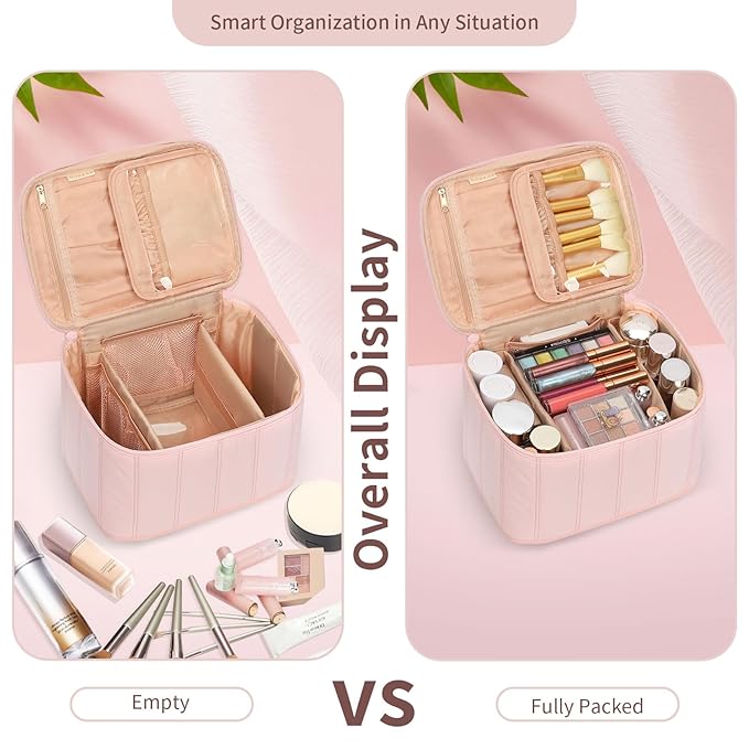 OCHEAL Travel Makeup Bag, Cosmetic Bags for Women Makeup Case Organizer Large Capacity Travel Toiletry Bag Storage Bags with Divider and Handle for Cosmetics Toiletries Brushes Tools-Pink