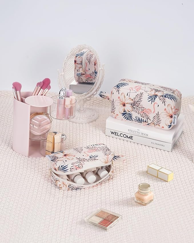 Narwey Small Makeup Bag for Purse Travel Makeup Pouch Mini Cosmetic Bag Zipper Pouch for Women (Beige Flamingo, Small)