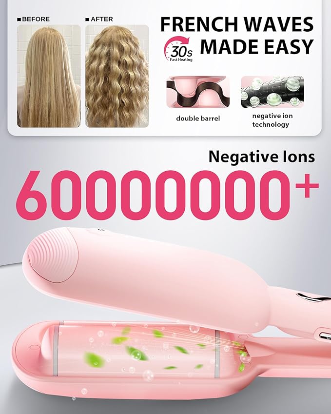 NOVUS Waver Curling Iron, Beach Waves Curling Wand, Ionic Hair Waver with Anti-Scald Hair Crimper, Easy to Use, 2 Barrel Hair Crimper for Short Hair Women, Pink, 1.25 Inch