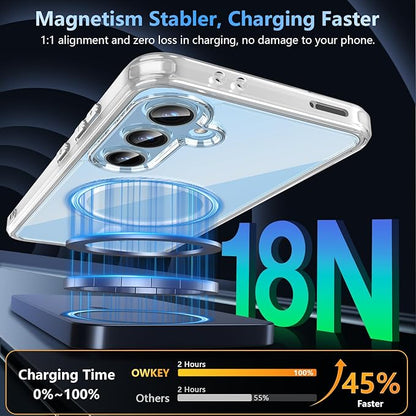 OWKEY for Samsung Galaxy S24 FE Case 6.7'', Magnetic Galaxy S24 FE Case for Magsafe with Tempered Screen Protector [Shockproof Military] Translucent Matte Bumper Phone Cover Samsung S24 FE 5G, Clear