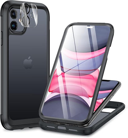 Miracase Glass Series Designed for iPhone 11 Case [2023 Upgraded] Full-Body Rugged Bumper Case with Built-in 9H Tempered Glass Screen Protector and Camera Protector (Matte Black)