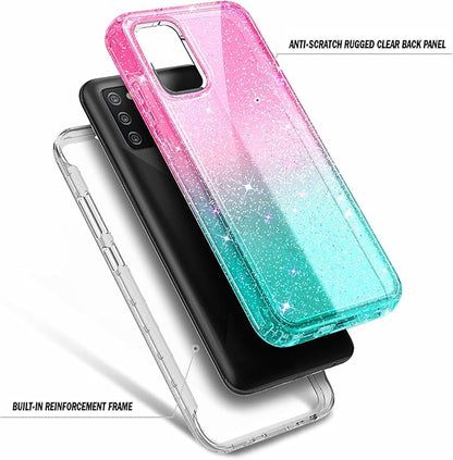 NZND Case for Samsung Galaxy A03S with [Built-in Screen Protector], Full-Body Protective Shockproof Rugged Bumper Cover, Impact Resist Phone Case (Glitter Pink/Aqua)