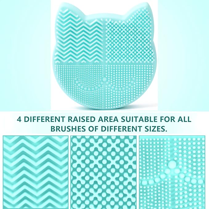 Silicon Makeup Brush Cleaner Mat with Portable Cat Shaped Cosmetic Brush Cleaning Pad Holder - Light Green