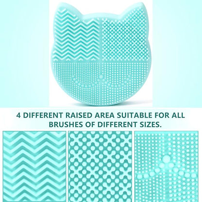 Silicon Makeup Brush Cleaner Mat with Portable Cat Shaped Cosmetic Brush Cleaning Pad Holder - Light Green