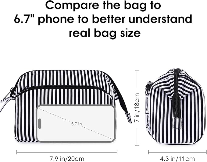 Narwey Striped Makeup Bag Women Wide-open Make up Bag Travel Cosmetic Bag Organizer Toiletry Bag for Cosmetics Toiletries Accessories (Black Stripe)