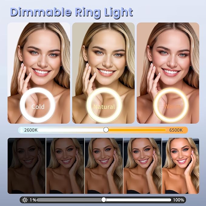 22" Foldable Large Ring Light with Stand for iPhone iPad,75" Tripod with Overhead Shooting Bracket 50W 6500K 4 Clips/LCD Display/2 USB PortsTattoo Barber Makeup Studio Video Photography Lighting