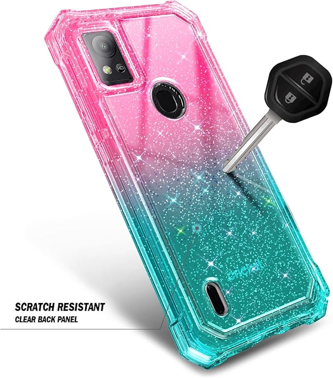 Designed for Cricket Icon 5 Case, AT&T Motivate 4 Phone Case with [Built-in Screen Protector], [5.5FT Mil-Grade Drop Tested] Full-Body Protective Shockproof Bumper Case (Glitter Pink/Aqua)
