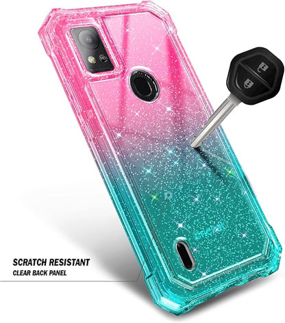 Designed for Cricket Icon 5 Case, AT&T Motivate 4 Phone Case with [Built-in Screen Protector], [5.5FT Mil-Grade Drop Tested] Full-Body Protective Shockproof Bumper Case (Glitter Pink/Aqua)