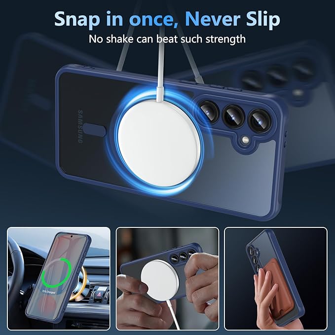 OWKEY for Samsung Galaxy S24 FE Case 6.7'', Magnetic Galaxy S24 FE Case for Magsafe with Tempered Screen Protector [Shockproof Military] Translucent Matte Bumper Phone Cover Samsung S24 FE 5G, Blue